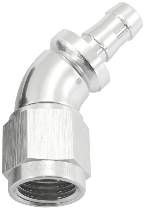 510 Series Full Flow Tight Radius Push Lock 45° Hose End -6AN To 5/16" (8mm) Barb Silver Finish. Suits 400& 500 Series Hose