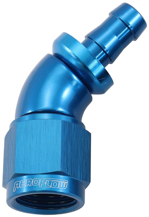 510 Series Full Flow Tight Radius Push Lock 45° Hose End -6AN To 5/16" (8mm) Barb Blue Finish. Suits 400 & 500 Series Hose