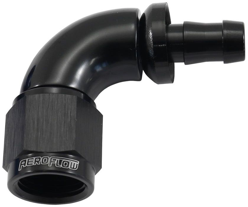510 Series Full Flow Tight Radius Push Lock 90° Hose End -6AN To 5/16" (8mm) Barb Black Finish. Suits 400 & 500 Series Hose