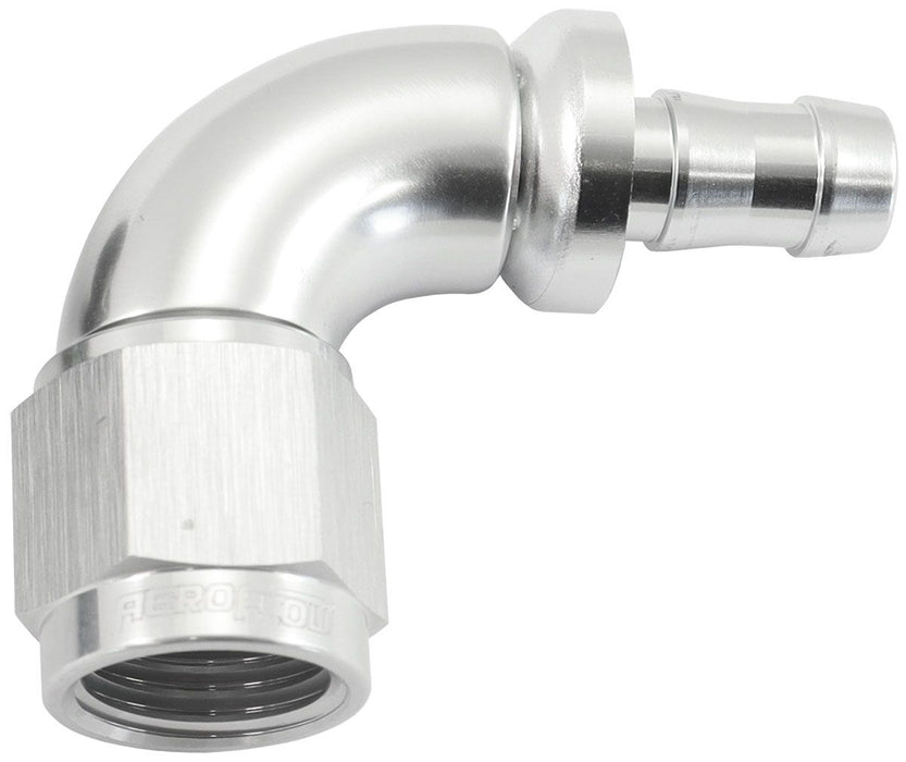510 Series Full Flow Tight Radius Push Lock 90° Hose End -6AN To 5/16" (8mm) Barb Silver Finish. Suits 400& 500 Series Hose