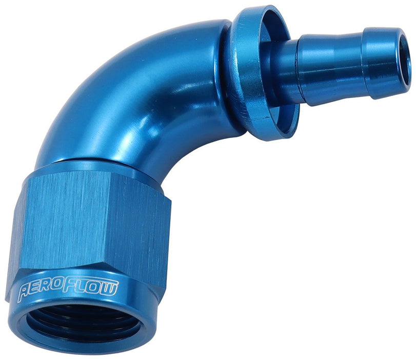510 Series Full Flow Tight Radius Push Lock 90° Hose End -6AN To 5/16" (8mm) Barb Blue Finish. Suits 400 & 500 Series Hose