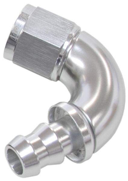 510 Series Full Flow Tight Radius Push Lock 120° Hose End -4AN  Silver Finish. Suits 400 & 500 Series Hose