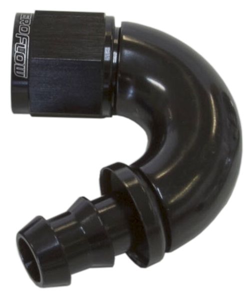 510 Series Full Flow Tight Radius Push Lock 150° Hose End -4AN  Black Finish. Suits 400 & 500 Series Hose