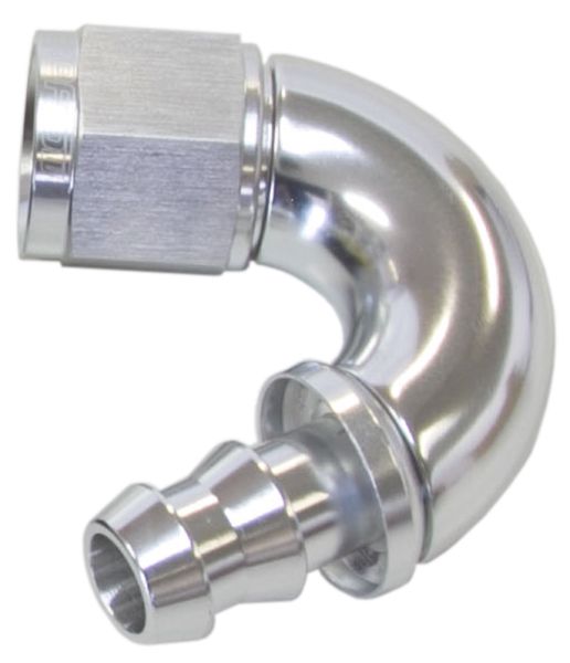 510 Series Full Flow Tight Radius Push Lock 150° Hose End -10AN  Silver Finish. Suits 400 & 500 Series Hose