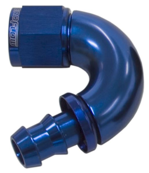 510 Series Full Flow Tight Radius Push Lock 150° Hose End -10AN  Blue Finish. Suits 400 & 500 Series Hose