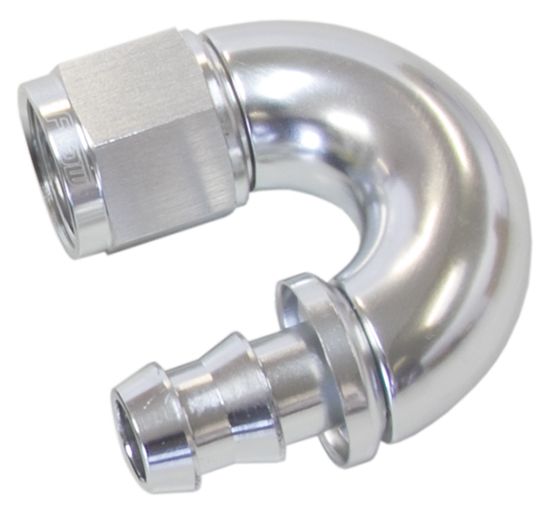 510 Series Full Flow Tight Radius Push Lock 180° Hose End -6AN  Silver Finish. Suits 400 & 500 Series Hose