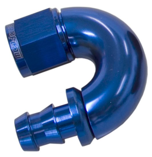 510 Series Full Flow Tight Radius Push Lock 180° Hose End -6AN  Blue Finish. Suits 400 & 500 Series Hose