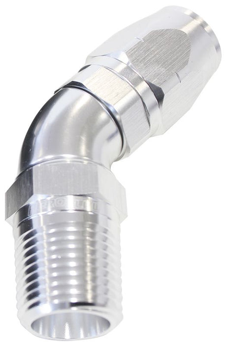 45° Male NPT Full Flow Swivel Hose End 1/8" to -6AN  Silver Finish. Suits 100 & 450 Series Hose
