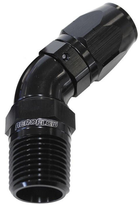 45° Male NPT Full Flow Swivel Hose End 1/2" to -10AN  Black Finish. Suits 100 & 450 Series Hose