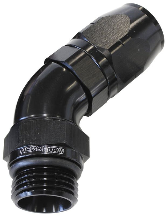 45° Male ORB Full Flow Swivel Hose End -10 ORB to -10AN Black Finish. Suits 100 & 450 Series Hose