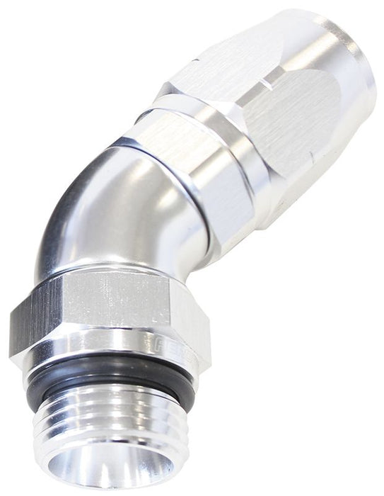 45° Male ORB Full Flow Swivel Hose End -12 ORB to -12AN Silver Finish. Suits 100 & 450 Series Hose