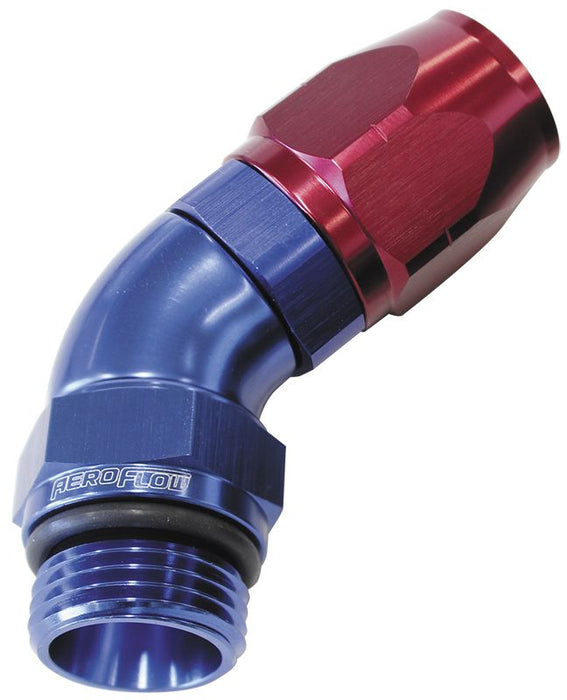 45° Male ORB Full Flow Swivel Hose End -16 ORB to -16AN  Blue/Red Finish. Suits 100 & 450 Series Hose