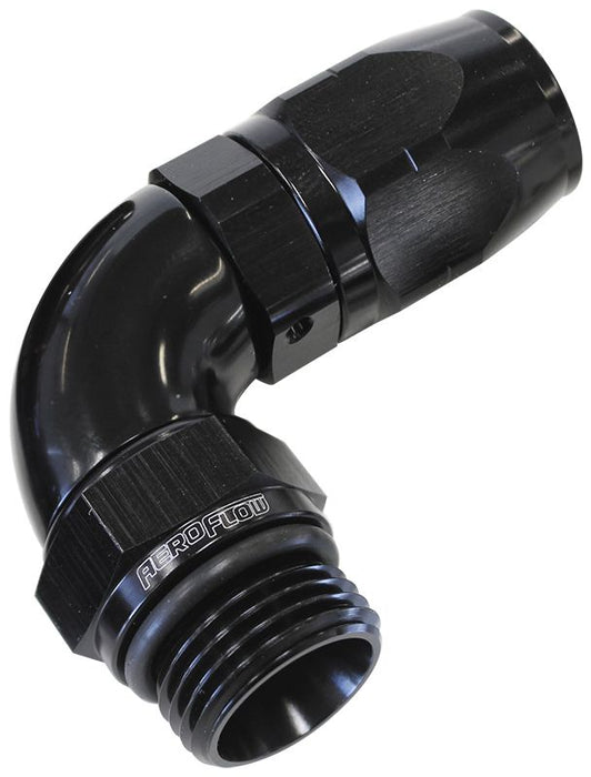 90° Male ORB Full Flow Swivel Hose End -10 ORB to -8AN Black Finish. Suits 100 & 450 Series Hose