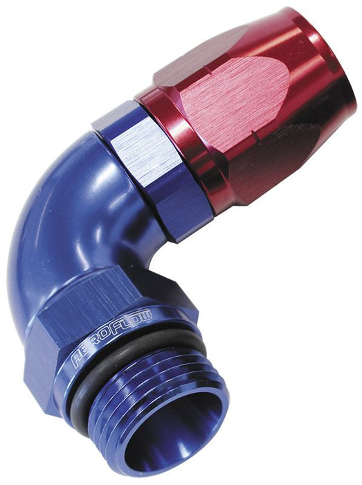 90° Male ORB Full Flow Swivel Hose End -8 ORB to-10AN  Blue/Red Finish. Suits 100 & 450 Series Hose