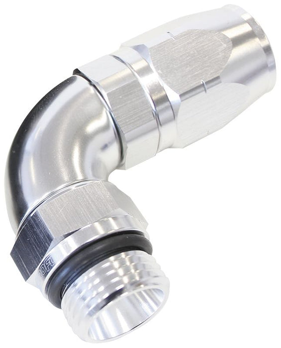 90° Male ORB Full Flow Swivel Hose End -12 ORB to -10AN Silver Finish. Suits 100 & 450 Series Hose