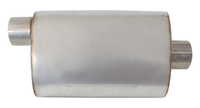 5500 Series Stainless Steel 3" Offset/Center Muffler  3" Inlet and Outlets, 13.75" Length, 9.45" Width, 5.3" Height.