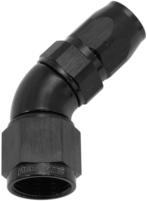 550 Series Cutter Style One Piece Swivel 45° Stepped Hose End -8AN to -6 Hose  Black Finish. Suits 100 & 450 Series Hose