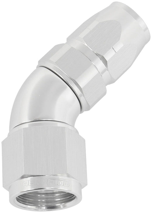 550 Series Cutter Style One Piece Swivel 45° Stepped Hose End -8AN to -6 Hose  Silver Finish. Suits 100 & 450 Series Hose