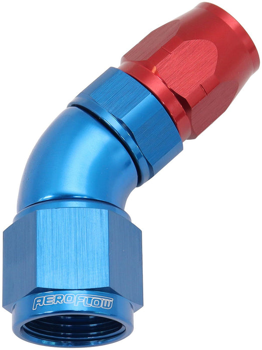 550 Series Cutter Style One Piece Swivel 45° Stepped Hose End -8AN to -6 Hose  Blue/Red Finish. Suits 100 & 450 Series Hose