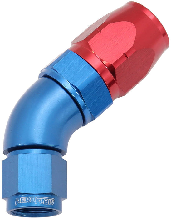 550 Series Cutter Style One Piece Swivel 45° Stepped Hose End -6AN to -8 Hose  Blue/Red Finish. Suits 100 & 450 Series Hose