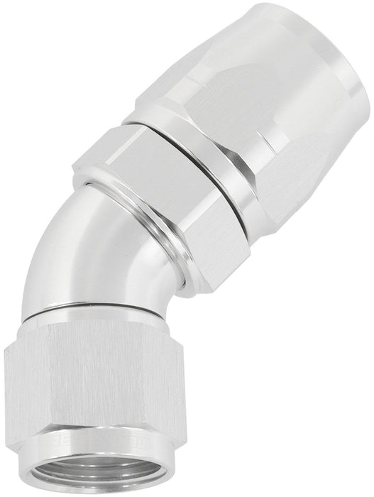 550 Series Cutter Style One Piece Swivel 45° Stepped Hose End -10AN to -12 Hose  Silver Finish. Suits 100 & 450 Series Hose