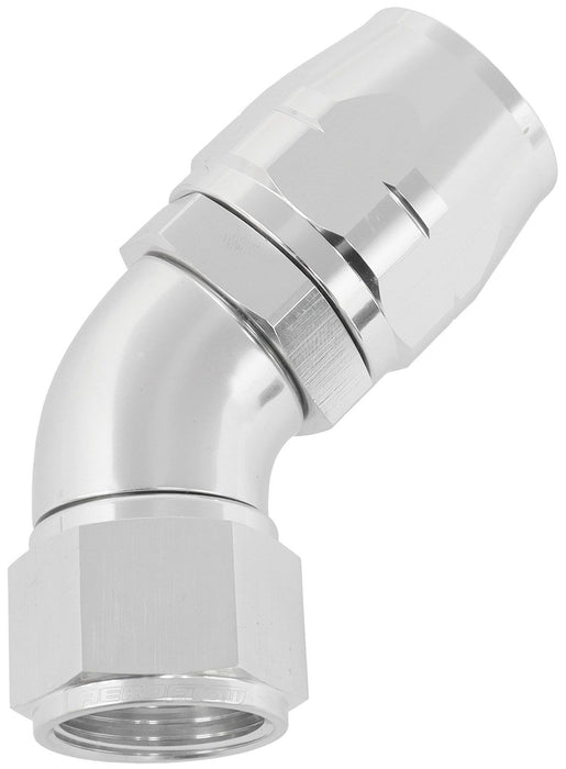 550 Series Cutter Style One Piece Swivel 45° Stepped Hose End -12AN to -16 Hose  Silver Finish. Suits 100 & 450 Series Hose
