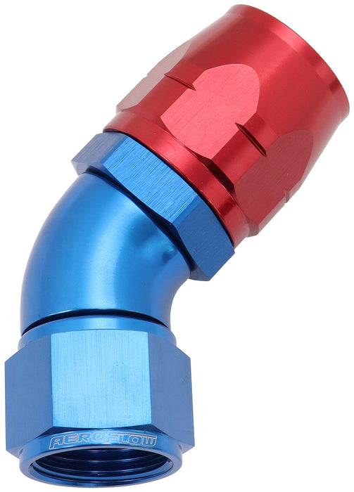 550 Series Cutter Style One Piece Swivel 45° Stepped Hose End -12AN to -16 Hose  Blue/Red Finish. Suits 100 & 450 Series Hose