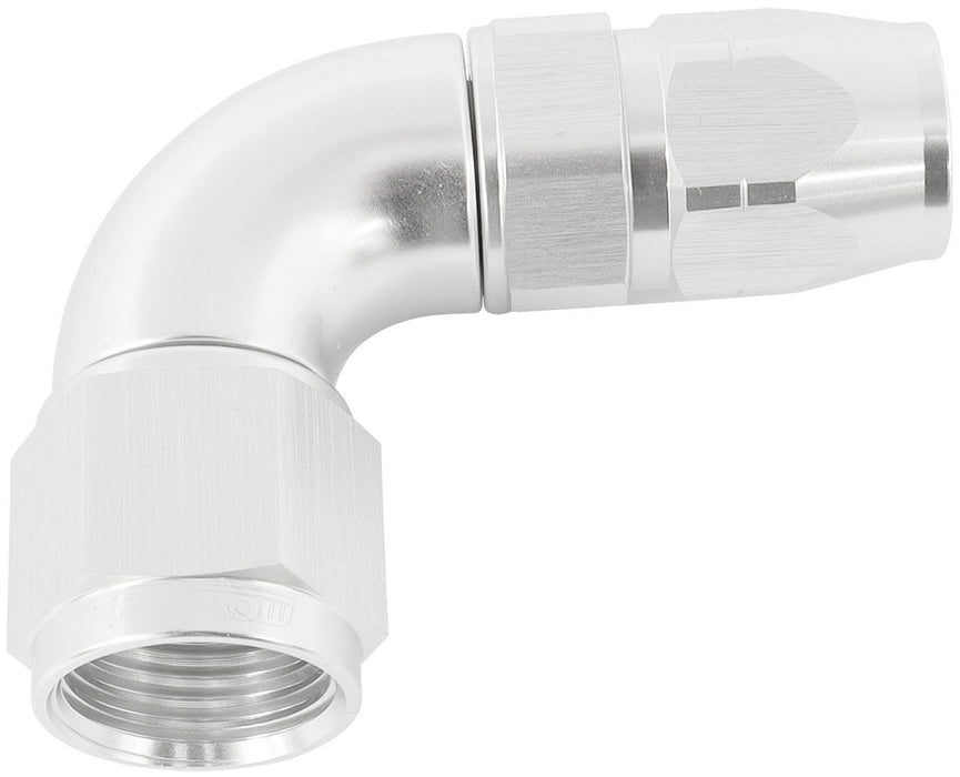 Aeroflow 550 Series Cutter Style One Piece Swivel 90C Stepped Hose End -8AN to -6 Hose Silver Finish. Suits 100 & 450 Series Hose