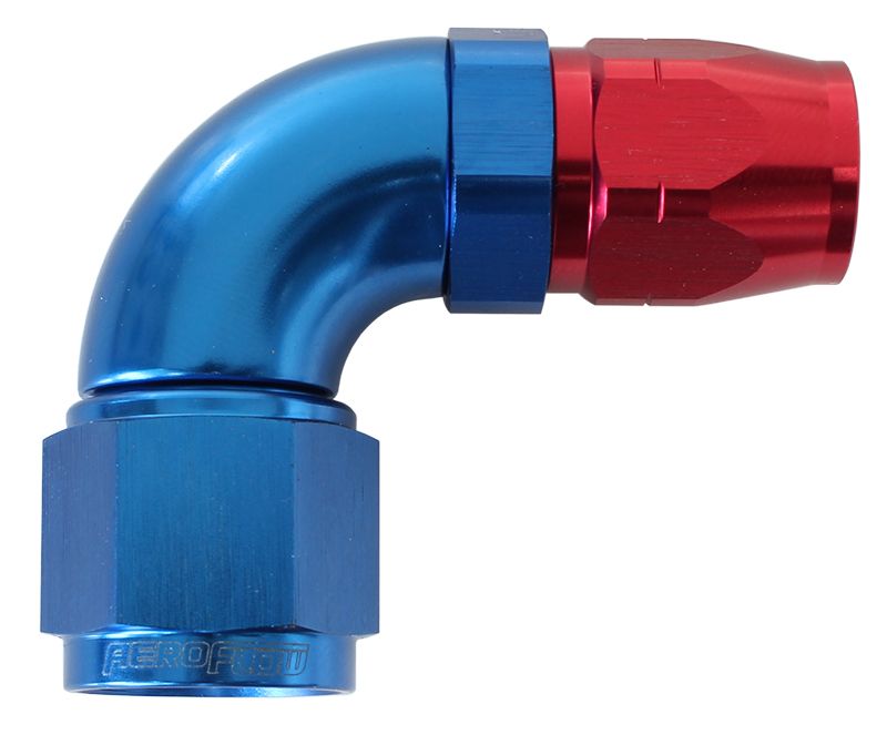 550 Series Cutter Style One Piece Swivel 90° Stepped Hose End -8AN to -6 Hose  Blue/Red Finish. Suits 100 & 450 Series Hose
