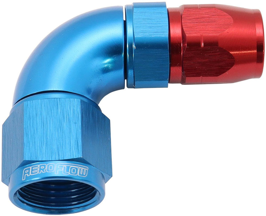 Aeroflow 550 Series Cutter Style One Piece Swivel 90C Stepped Hose End -8AN to -6 Hose Blue/Red Finish. Suits 100 & 450 Series Hose