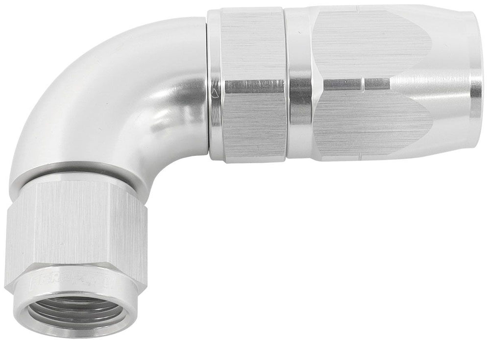 550 Series Cutter Style One Piece Swivel 90° Stepped Hose End -6AN to -8 Hose  Silver Finish. Suits 100 & 450 Series Hose