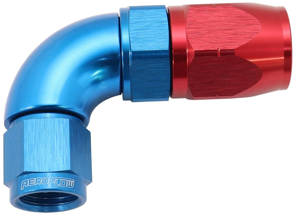 550 Series Cutter Style One Piece Swivel 90° Stepped Hose End -6AN to -8 Hose  Blue/Red Finish. Suits 100 & 450 Series Hose