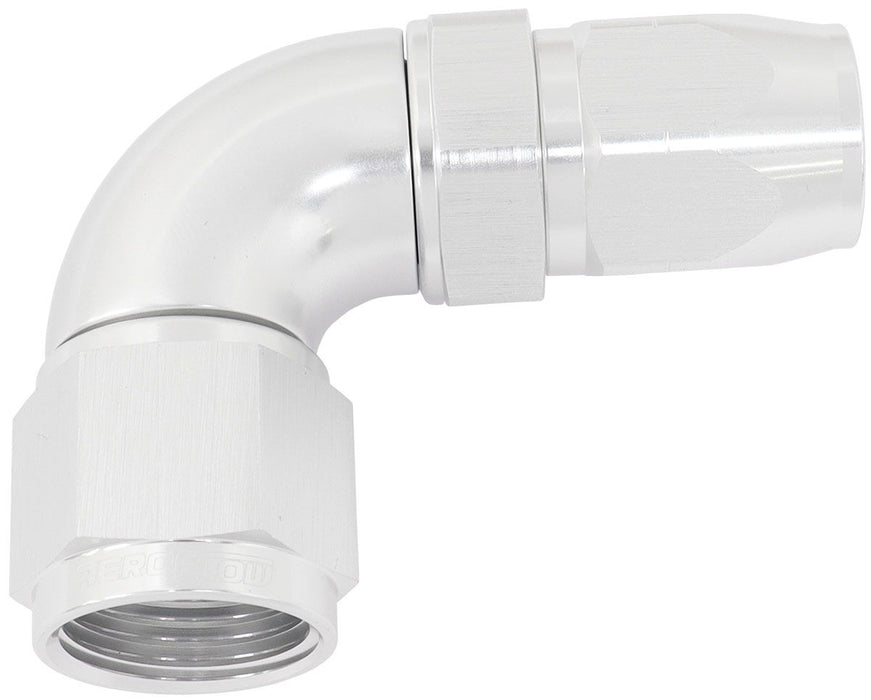 Aeroflow 550 Series Cutter Style One Piece Swivel 90C Stepped Hose End -10AN to -8 Hose  Silver Finish. Suits 100 & 450 Series Hose