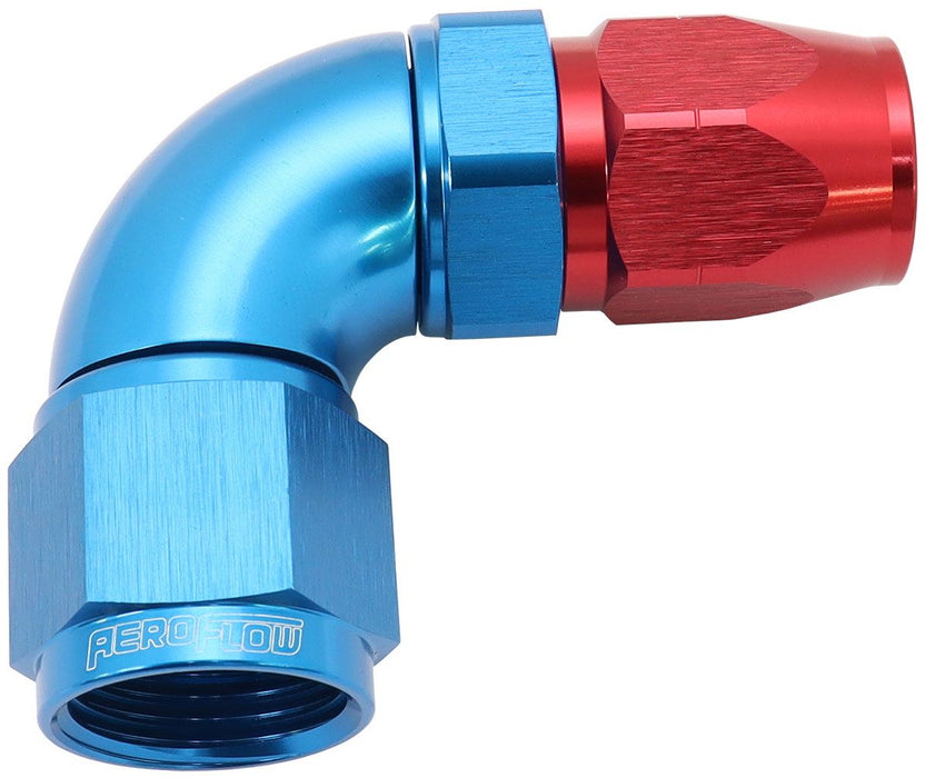 550 Series Cutter Style One Piece Swivel 90° Stepped Hose End -10AN to -8 Hose   Blue/Red Finish. Suits 100 & 450 Series Hose