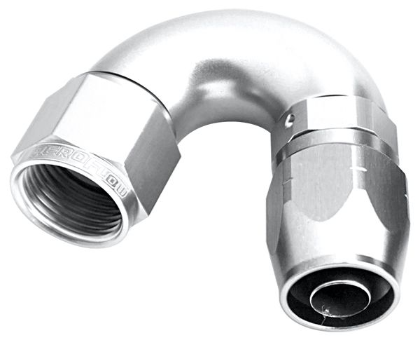 550 Series Cutter One-Piece Full Flow Swivel 150° Hose End -4AN  Silver Finish. Suits 100 & 450 Series Hose