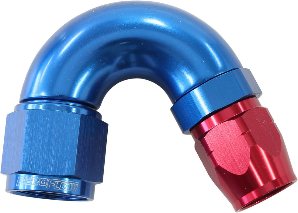 550 Series Cutter Style One Piece Swivel 150° Stepped Hose End -8AN to -6 Hose  Blue/Red Finish. Suits 100 & 450 Series Hose