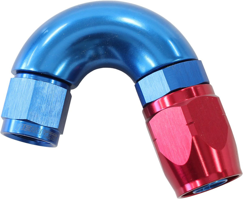 550 Series Cutter Style One Piece Swivel 150° Stepped Hose End -6AN to -8 Hose  Blue/Red Finish. Suits 100 & 450 Series Hose