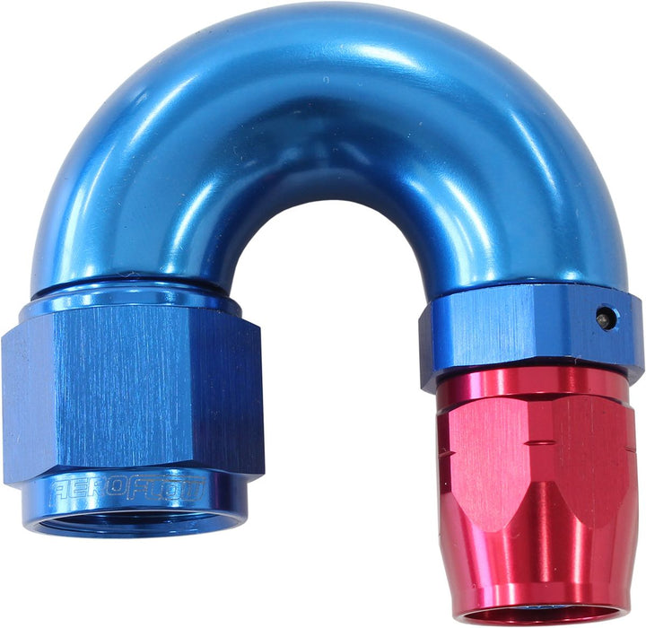 550 Series Cutter Style One Piece Swivel 180° Stepped Hose End -8AN to -6 Hose  Blue/Red Finish. Suits 100 & 450 Series Hose