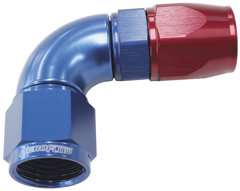570 Series PTFE 90° Hose End -6AN Blue/Red Finish. Suits 200 & 250 Series Hose