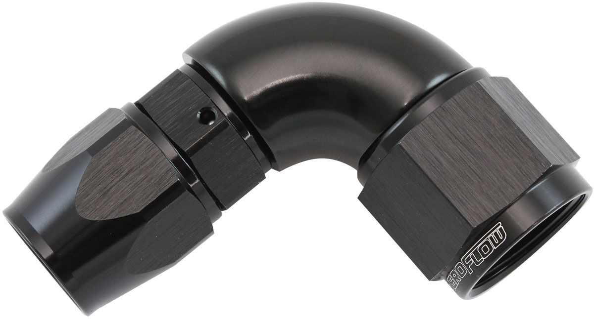 200 Series Teflon Style One Piece 90 Degree Stepped Hose End -10AN to -8 Hose  Black Finish, Suits 200 & 250 Series Hose