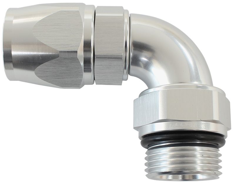 90° ORB Male Swivel PTFE (Teflon®) Hose End -8 ORB to -8AN  Silver Finish