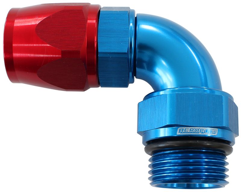90° ORB Male Swivel PTFE (Teflon®) Hose End -8 ORB to -8AN  Blue/Red Finish