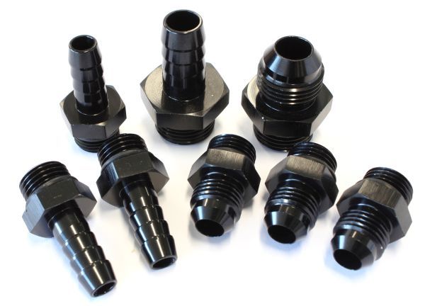 Replacement Surge Tank Fittings in Black Finish  -6 ORB to -6AN x 3, -8 ORB to -8AN, -6 ORB to 3/8" barb x 3, -8 ORB to -8AN barb