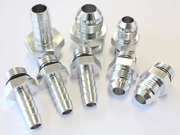 Replacement Surge Tank Fittings in Silver Finish  -6 ORB to -6AN x 3, -8 ORB to -8AN, -6 ORB to 3/8" barb x 3, -8 ORB to -8AN barb