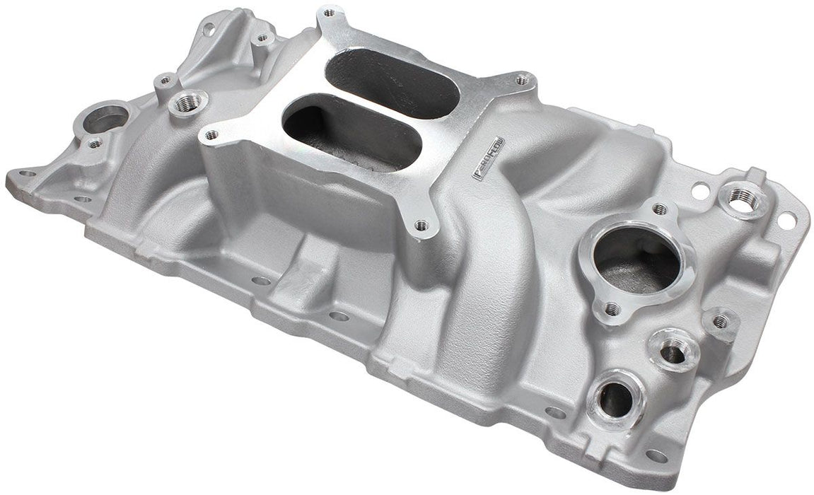 Small Block Chev Street Dual Plane Intake Manifold, Natural Cast Finish  1500 - 6500 RPM, Square Bore Carburettor Pad, Non-EGR