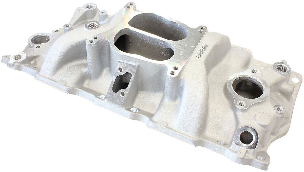 Aeroflow SB Chev Classic Dual Plane Intake Manifold, NaturalCast Finish Idle - 5500 RPM, Square Bore Carburettor Pad, EGR Model
