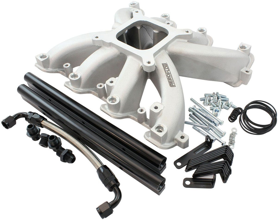 Aeroflow GM LS Cathedral Port Carburettor Street Single Plane EFI Intake Manifold, Natural Cast Finish 4 Barrell 4150 Square Bore Carburettor Pad
