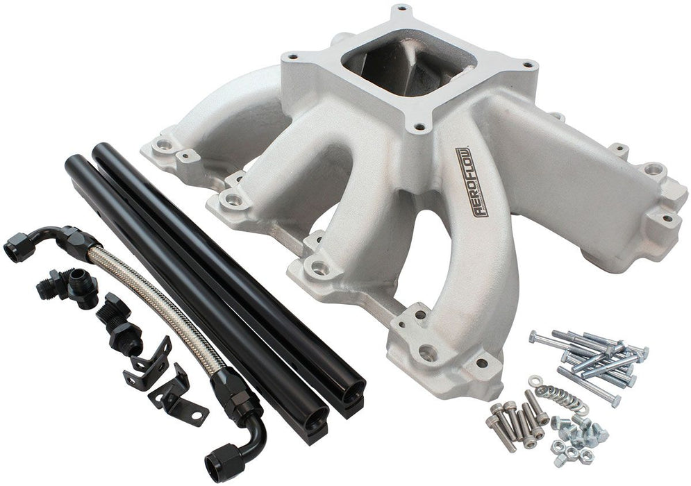 Aeroflow GM LS Cathedral Port Carburettor Hi Rise Race Single Plane EFI Intake Manifold, Natural Cast Finish 4 Barrell 4150 Square Bore Carburettor Pad