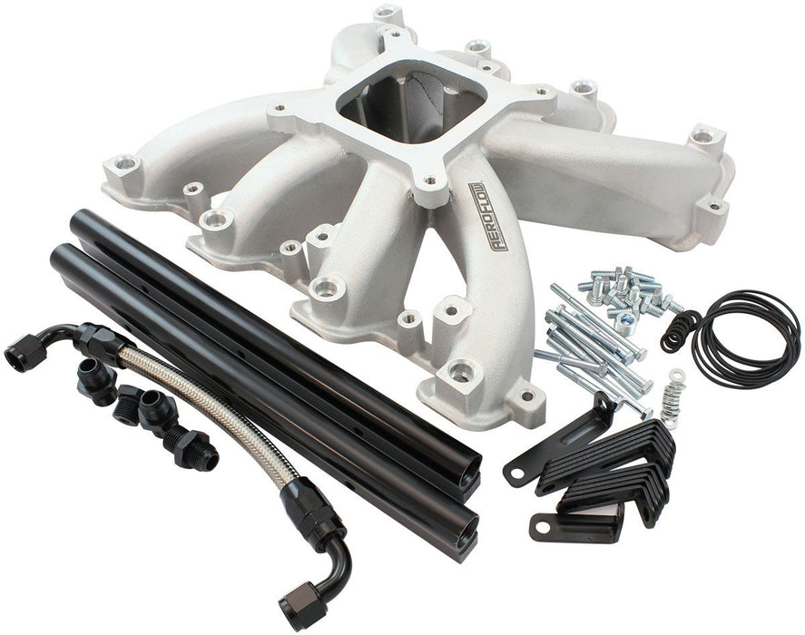 Aeroflow GM LS Rectangle Port Carburettor Street Single Plane EFI Intake Manifold, Natural Cast Finish 4 Barrell 4150 Square Bore Carburettor Pad