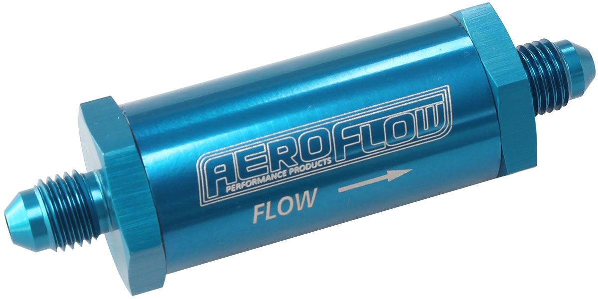 Long Inline Fuel & Oil Filter -4AN  Blue Finish. Includes 30 Micron Element, 3" Long, 1" O.D